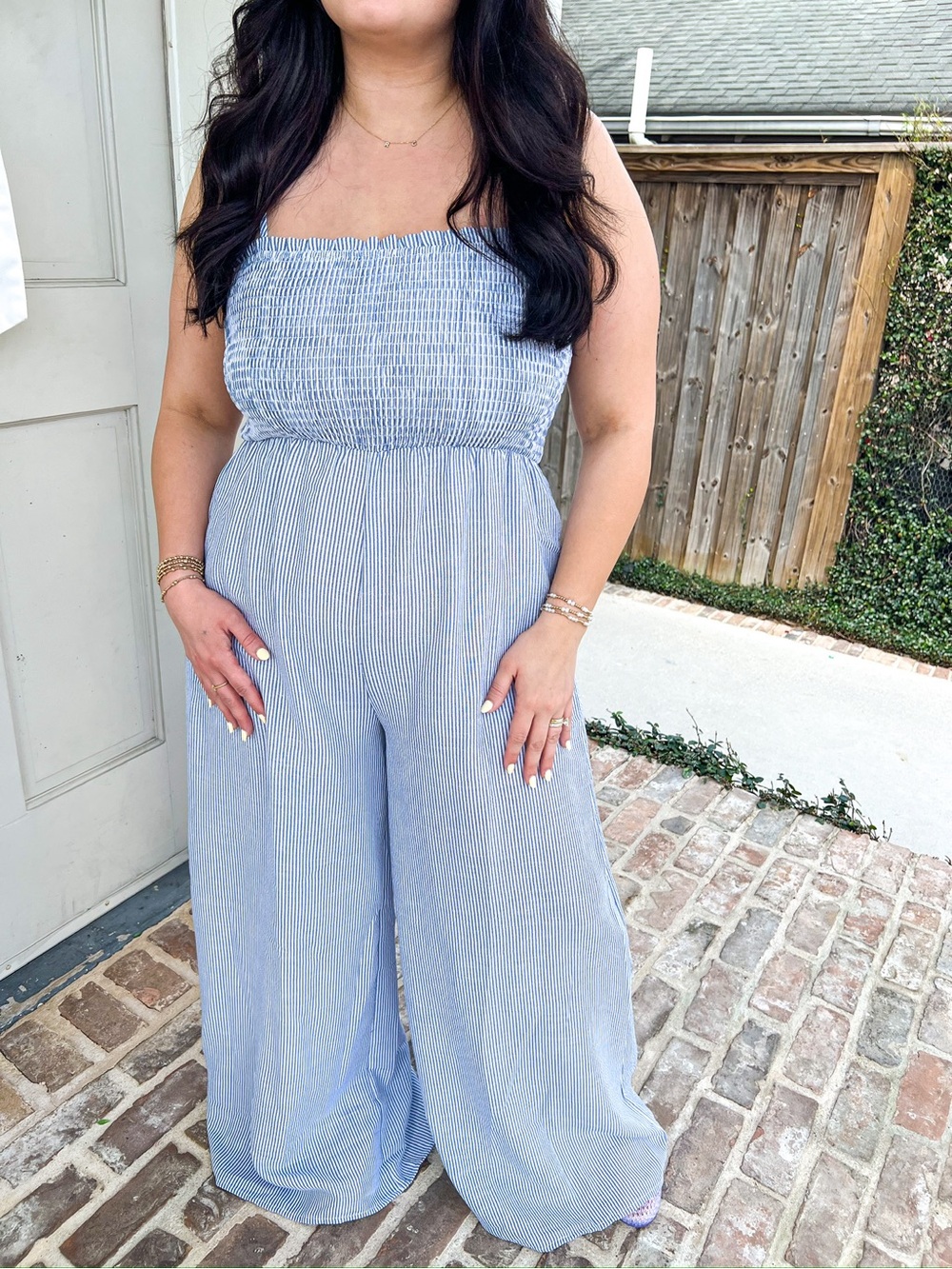 Smocked (with straps) Wide-Leg Jumpsuit - Light Blue